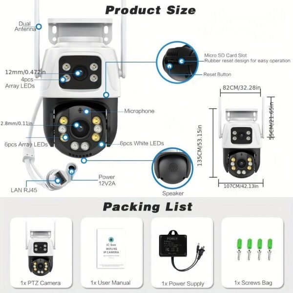 1Pc 8MP 4K WiFi Security Camera, 2 Lens 4MP Total 8MP 2.4ghz Wireless IP Camera, Video Surveillance For Home Security CCTV Monitor, AI Human Tracking, Color Night Vision, Two Way Audio, Motion Alert, Pan Tilt Rotation Onvif Function, Prevent Rainwater Dam