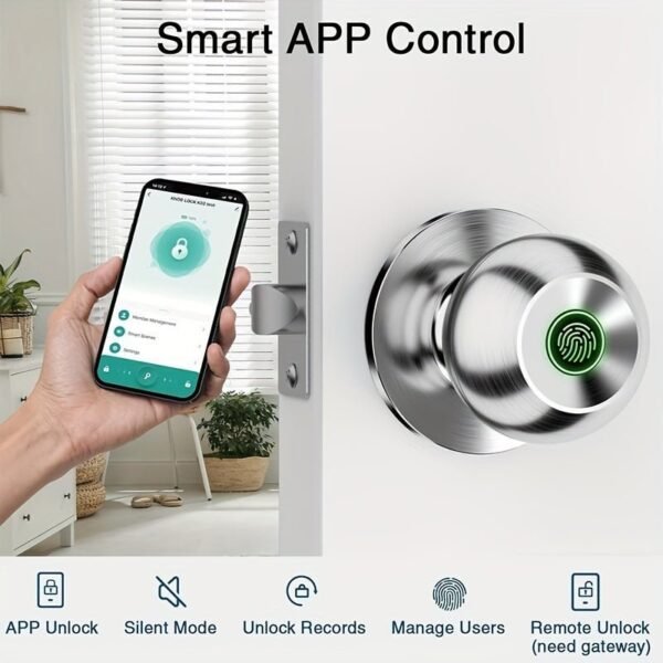 Smart Door Knob, Fingerprint Door Lock, Smart Lock Biometric Door Lock Fingerprint Door Knob With Tuya App Control, Suitable For Bedroom, Cloakroom, Apartments Offices, Hotels (Battery Included)