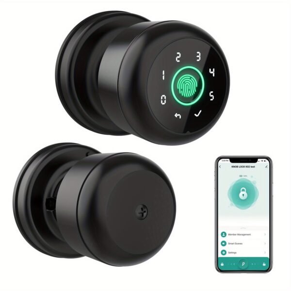 GHome Smart Fingerprint Door Lock with Keypad Door Knob, Biometric Door Smart Lock & App Control, Suitable for wooden or steel doors from 3.5-5.5 cm/ 1.38-2.17 inch, Interior Door Knob with Key Great for Bedroom, Apartments, Offices and Hotels