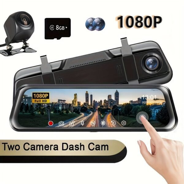 Car Rearview Mirror Camera, 9.66" Dual 1080P IPS Full Touch Screen Waterproof Front And Rear Cameras, Parking Assist And Monitor, Night Vision, 160° Viewing Angle, Split Screen Display With 8GB Memory Card