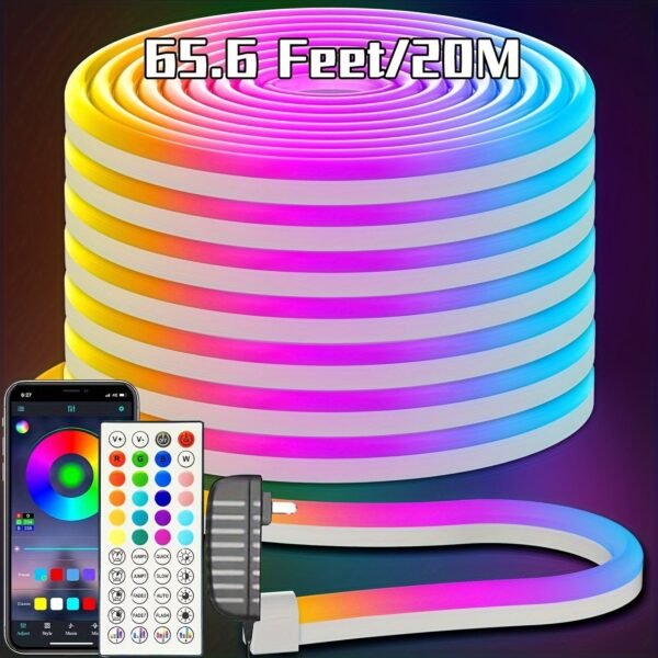 165633df-32ee-4fb3-9818-018d7572838f.jpg 24V LED neon light 50 feet (about 1.9 meters), controlled by application/remote control, flexible LED rope light, multiple modes, outdoor RGB neon light, music synchronization game LED neon light strip suitable for bedrooms and indoor environments
