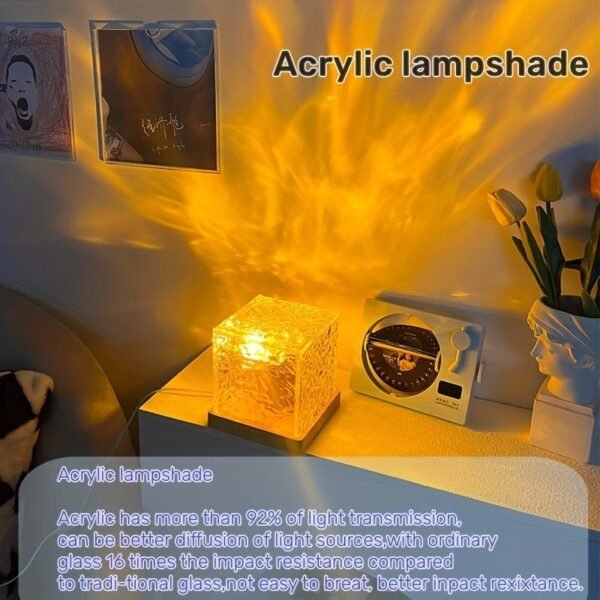 1 Pack USB Square Night Light Cube Decorative Night Lamp Square Crystal Table Lamp, Rotating Water Ripple Small Night Light Creative Bedside Lamp, Flame Atmosphere Lamp Dynamic Table Lamp 5W 80 Lumen16 Colors Diamond Desk Lamps For Bedroom RGB Remote Rota