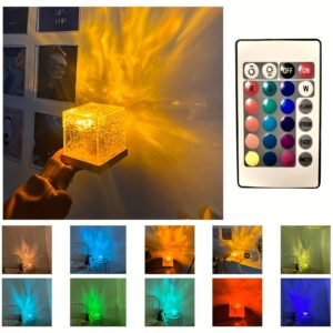 1 Pack USB Square Night Light Cube Decorative Night Lamp Square Crystal Table Lamp, Rotating Water Ripple Small Night Light Creative Bedside Lamp, Flame Atmosphere Lamp Dynamic Table Lamp 5W 80 Lumen16 Colors Diamond Desk Lamps For Bedroom RGB Remote Rota