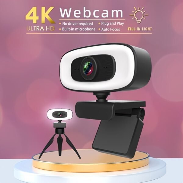 4K HD Computer Webcam, Plug And Play, No Driver Required USB Interface Webcam, Built-in Microphone, Webcast Fill Light, Voice Call Conference Camera, Work Camera, Laptop External Webcam
