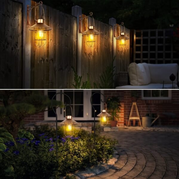 Outdoor Lanterns With Solar Power, Hanging Solar Lights Outdoors, Metal Waterproof Solar Lights With Warm White Edison Bulbs For Fence/garden/yard/porch Decoration