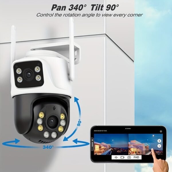 1Pc 8MP 4K WiFi Security Camera, 2 Lens 4MP Total 8MP 2.4ghz Wireless IP Camera, Video Surveillance For Home Security CCTV Monitor, AI Human Tracking, Color Night Vision, Two Way Audio, Motion Alert, Pan Tilt Rotation Onvif Function, Prevent Rainwater Dam