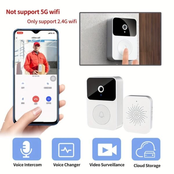 1pc Doorbell Camera Wireless, Intelligent Visual Doorbell Home Intercom HD Night Vision WiFi Rechargeable Security Door Doorbell, 2-Way Calls, Photo, Recording, APP Control, Voice Change Function, Cloud Storage (White) Build-in Battery.