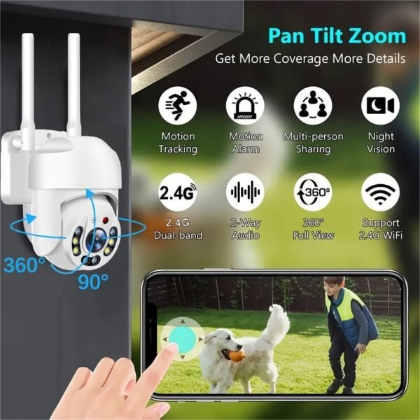 Outdoor Wifi Security Waterproof PTZ Auto Tracking Audio CCTV Surveillance 360 IP Camera, Day & Night Full Color, AI Humanoid Motion Detection, Two-way Voice Intercom, 360 Degree Panoramic Surveillance, 2.4GHz Security Camera Smart Home Security Camera