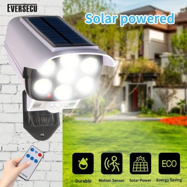 Outdoor Motion Sensor Solar Lights 2000 Lumens 77 LEDs Spotlight With Remote Controller FloodLights, Wireless Dummy Decoy Fake Security Camera for Porch Garden Patio Driveway