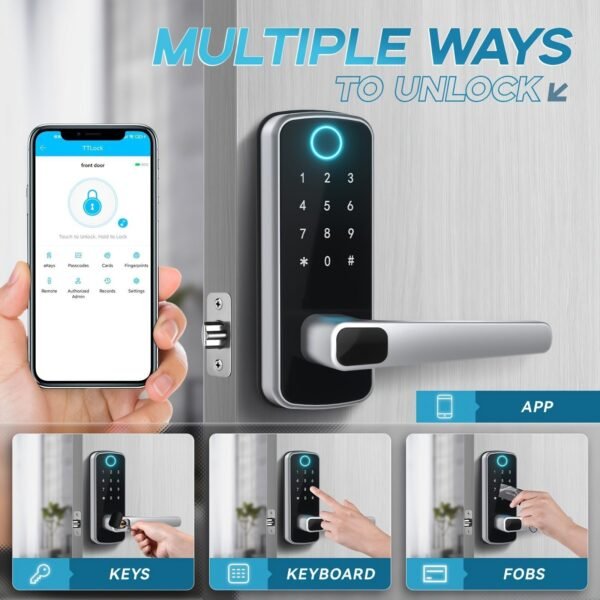 Smart Door Lock, Keyless Entry Door Lock Fingerprint Door Lock With Keypad Digital Door Lock With Handle For Home, Rental, Office And Hotel (Silvery)