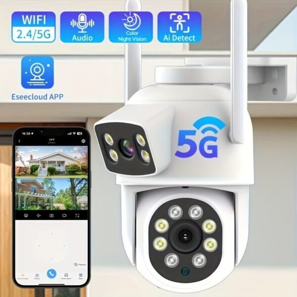 4MP(2MP+2MP) WiFi Security Camera Outdoor, Dual Lens 2.4/5ghz Wireless IP Camera Video Surveillance For Home Security CCTV Monitor,AI Human Tracking, Color Night Vision,Two Way Audio,Pan Tilt Rotation,Work For Eseecloud APP,Without TF Card