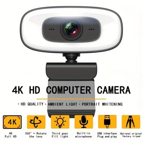 4K HD Computer Webcam, Plug And Play, No Driver Required USB Interface Webcam, Built-in Microphone, Webcast Fill Light, Voice Call Conference Camera, Work Camera, Laptop External Webcam